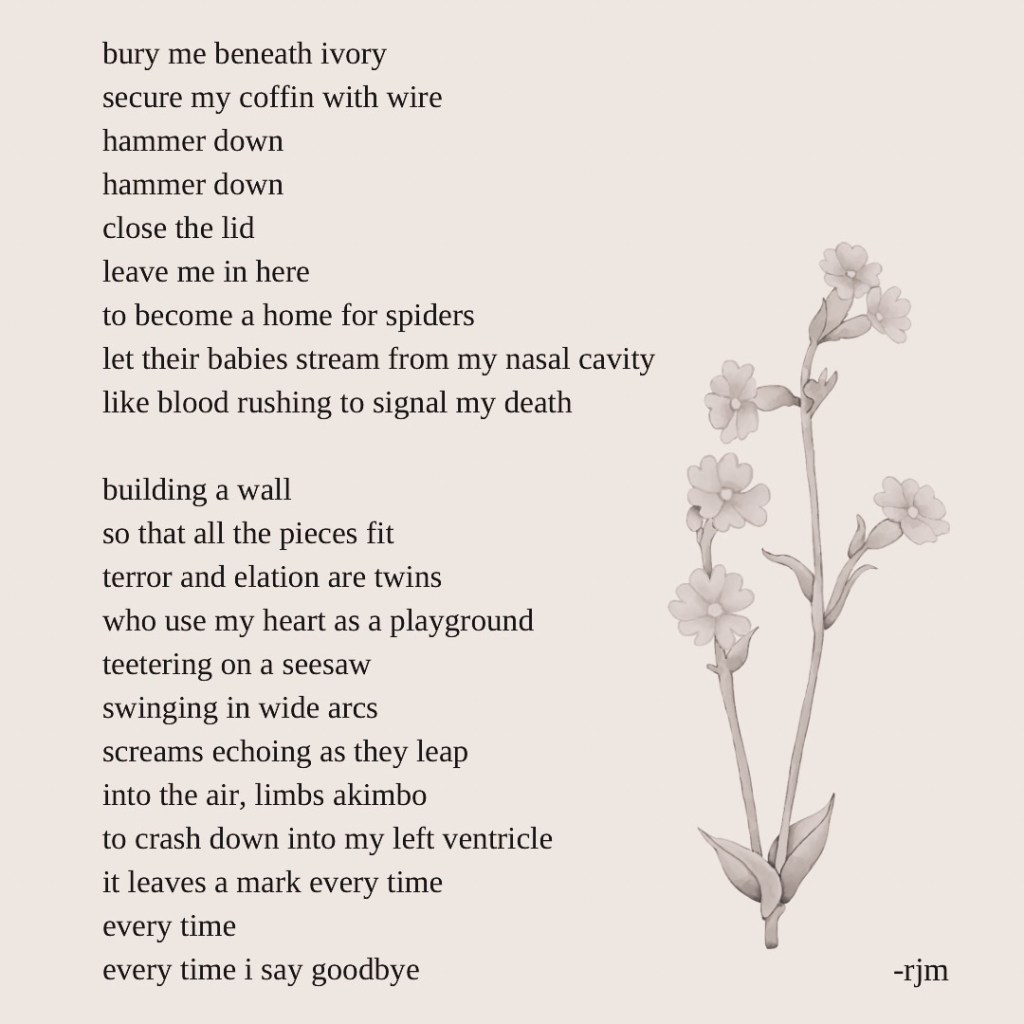 bury me beneath ivory
secure my coffin with wire
hammer down
hammer down
close the lid
leave me in here
to become a home for spiders
let their babies stream from my nasal cavity
like blood rushing to signal my death

building a wall
so that all the pieces fit
terror and elation are twins
who use my heart as a playground
teetering on a seesaw 
swinging in wide arcs
screams echoing as they leap
into the air, limbs akimbo
to crash down into my left ventricle
it leaves a mark every time
every time
every time i say goodbye

-rjm