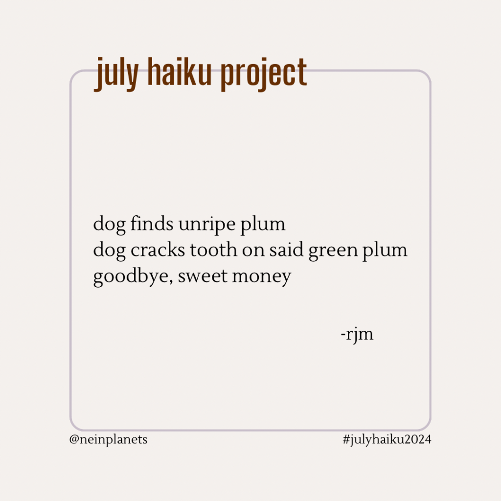 dog finds unripe plum
dog cracks tooth on said green plum
goodbye, sweet money

-rjm