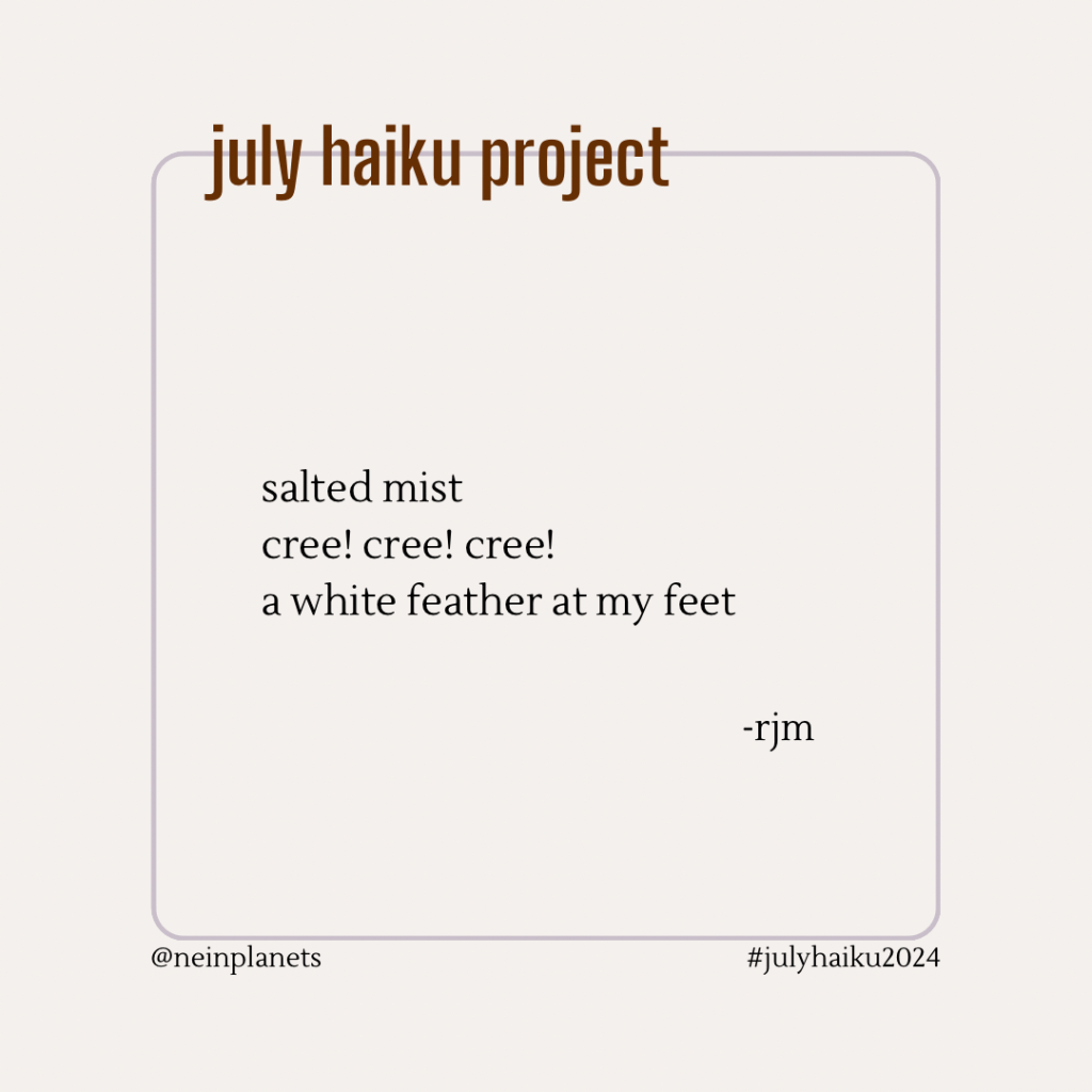 salted mist
cree! cree! cree!
a white feather at my feet

-rjm