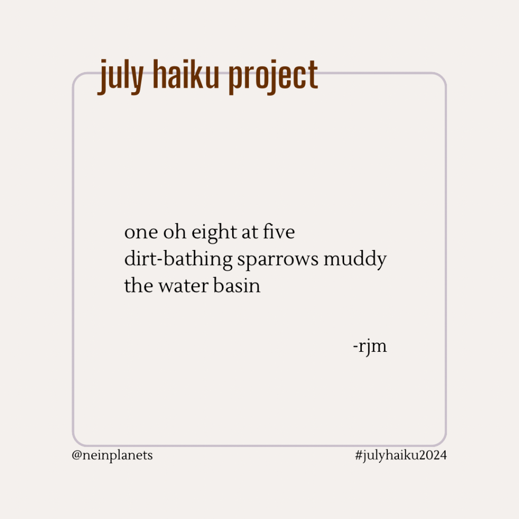 one oh eight at five
dirt-bathing sparrows muddy
the water basin

-rjm