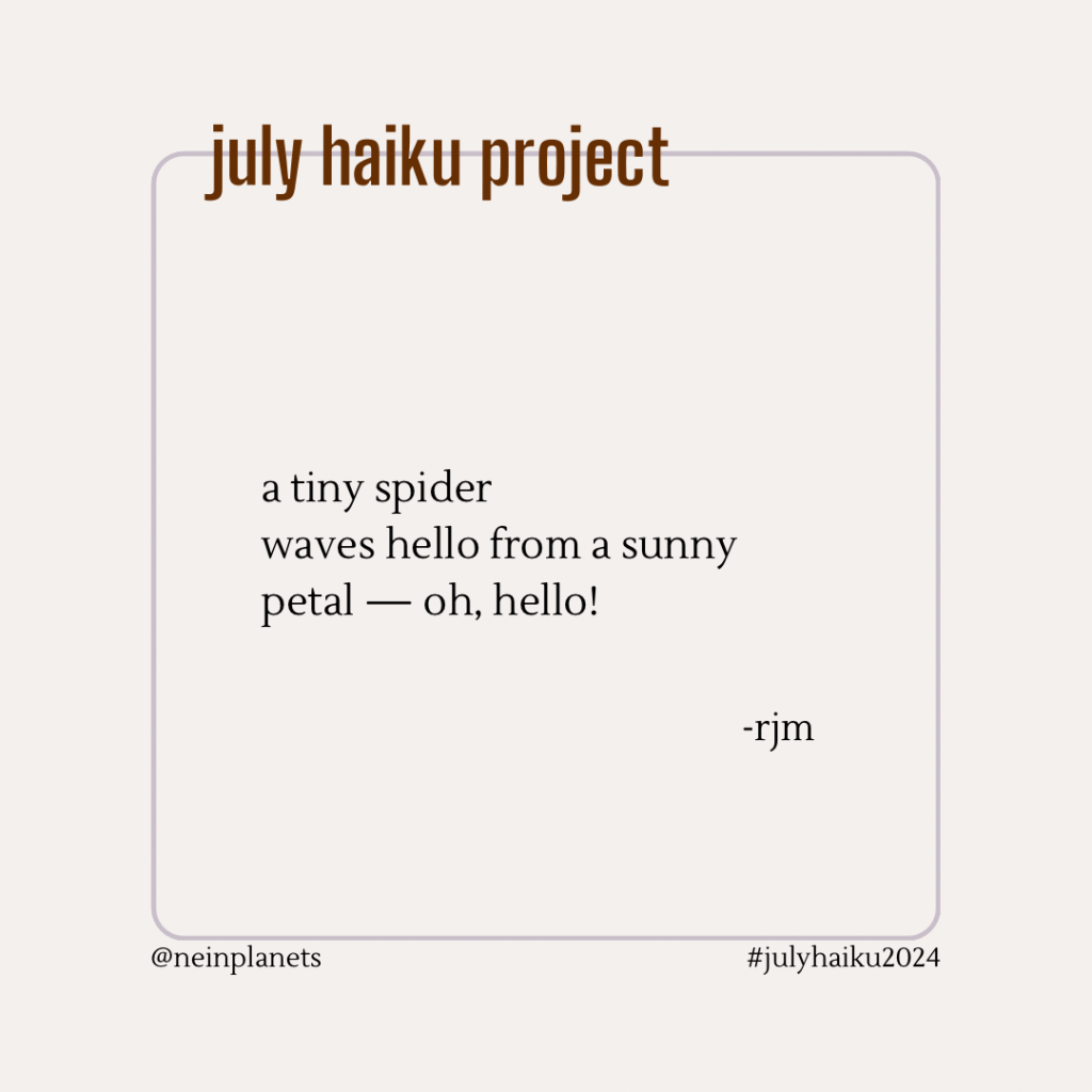 a tiny spider
waves hello from a sunny
petal — oh, hello!

-rjm