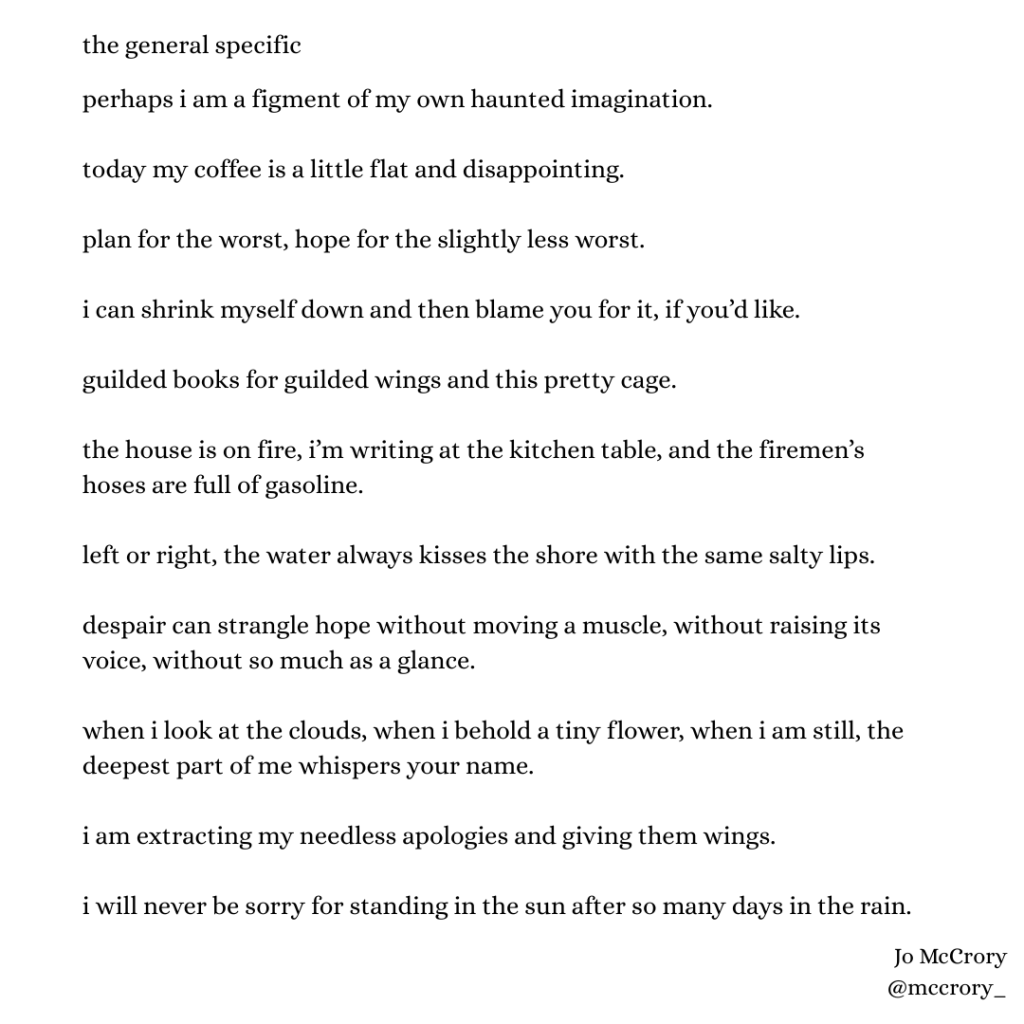 perhaps i am a figment of my own haunted imagination.

today my coffee is a little flat and disappointing.

plan for the worst, hope for the slightly less worst.

i can shrink myself down and then blame you for it, if you’d like.

guilded books for guilded wings and this pretty cage.

the house is on fire, i’m writing at the kitchen table, and the firemen’s hoses are full of gasoline.

left or right, the water always kisses the shore with the same salty lips.

despair can strangle hope without moving a muscle, without raising its voice, without so much as a glance.

when i look at the clouds, when i behold a tiny flower, when i am still, the deepest part of me whispers your name.

i am extracting my needless apologies and giving them wings.

i will never be sorry for standing in the sun after so many days in the rain. 