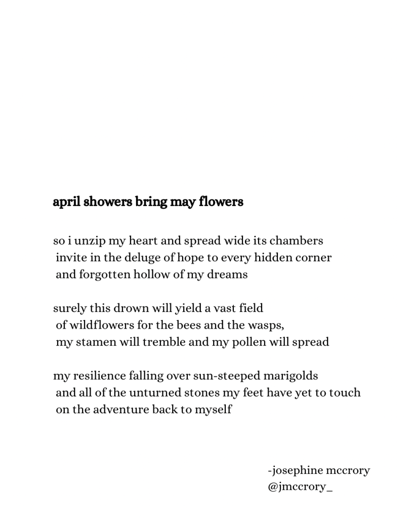 april showers bring may flowers

so i unzip my heart and spread wide its chambers
 invite in the deluge of hope to every hidden corner
  and forgotten hollow of my dreams

surely this drown will yield a vast field
 of wildflowers for the bees and the wasps,
  my stamen will tremble and my pollen will spread

my resilience falling over sun-steeped marigolds
 and all of the unturned stones my feet have yet to touch
  on the adventure back to myself
