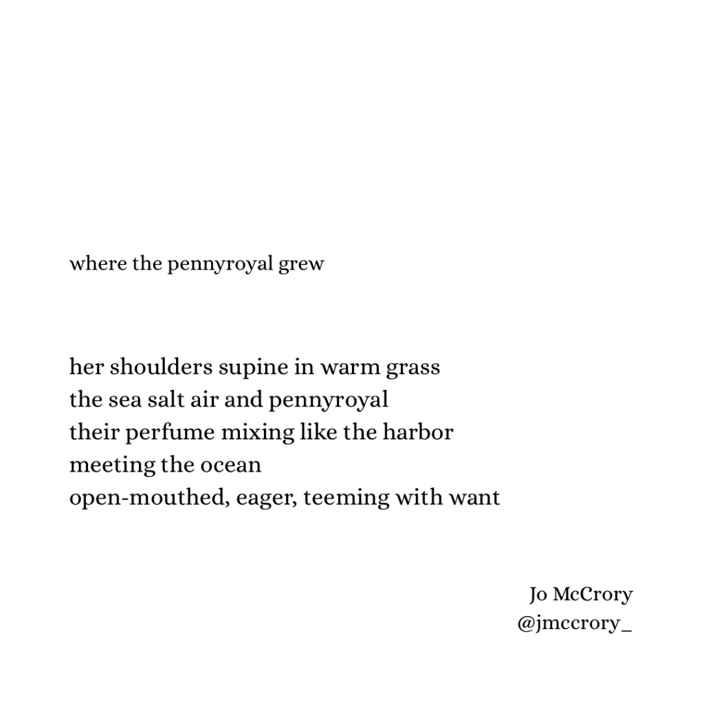 her shoulders supine in warm grass
the sea salt air and pennyroyal
their perfume mixing like the harbor meeting the ocean
open-mouthed, eager, teeming with want